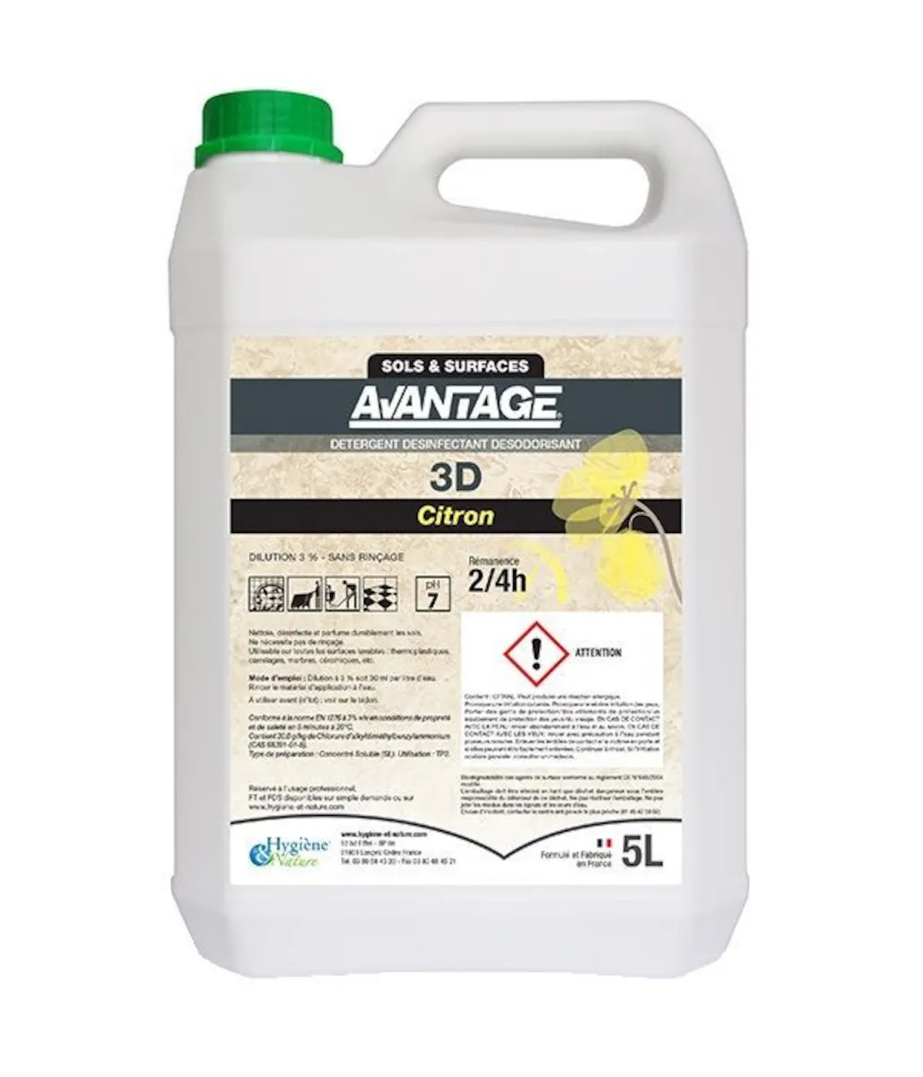 Hygiène & Nature Avantage 3D Citron - Détergent Désinfectant Désodorisant Sols & Surfaces - Bidon 5 L