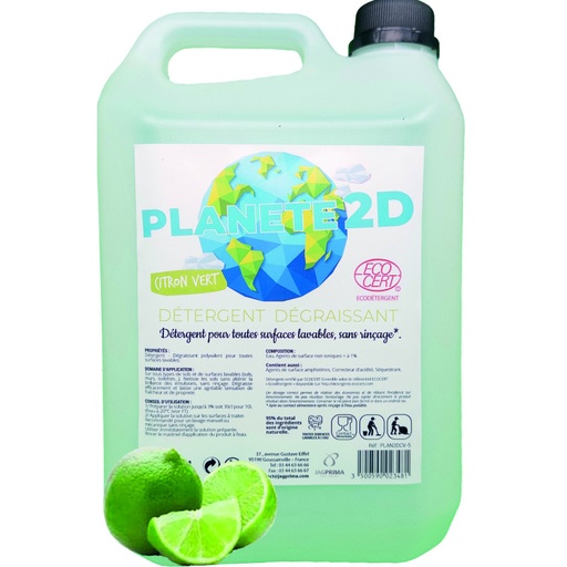 Planète 2D Citron Ecocert - Détergent dégraissant sols & surfaces parfum citron vert - Bidon 5 L