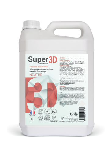 Super 3D Neutre Concentré - Détergent désinfectant multi-usages pH neutre 5 L (dilution 2 %)
