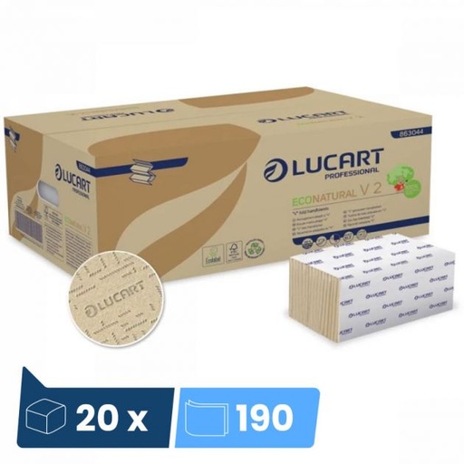 Essuie-mains plies en V Lucart V2 - 2 plis pure ouate blanche - 3200 formats (20 paquets x 160) - carton
