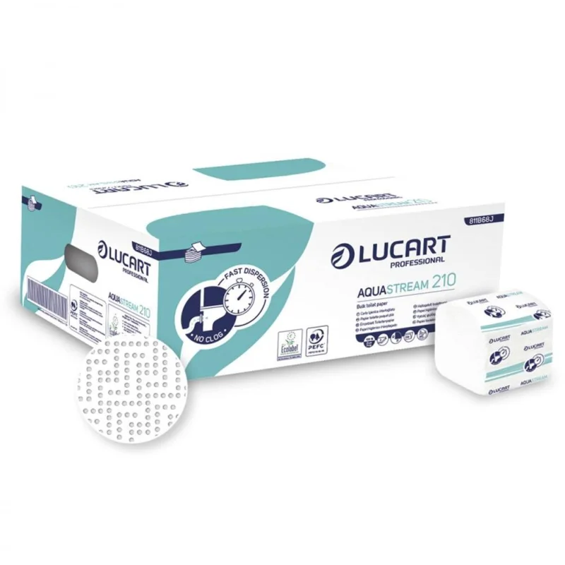Papier hygiénique plié Aquastream 210 - distribution feuille à feuille, 2 plis pure ouate (colis de 40 paquets de 210 feuilles)