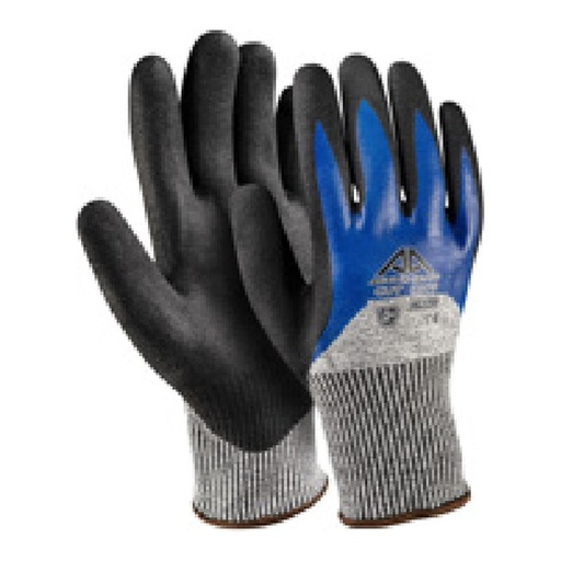 Gant anti-coupure — 13G - Nylon/spandex/HPPE - Nitrile lisse bleu (1) + Nitrile sablé noir (2) — tailles 6/XS - 11/XXL