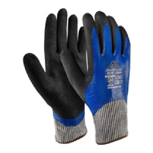Gant anti-coupure — 13G - Nylon/spandex/HPPE - Nitrile lisse bleu (1) + nitrile sablé noir (2) — tailles 7/S - 11/XXL