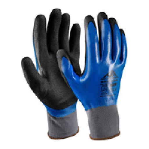 Gant de préhension — 15G - Polyester - Nitrile lisse bleu (1) + nitrile sablé noir (2 — tailles 6/XS - 11/XXL