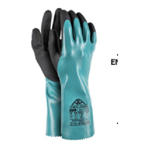 Gant de protection chimique — 18G - Nylon/spandex - 3 couches de nitrile lisse vert (1,2,3) + nitrile noir sablé (4) - 33cm — tailles 8/M - 11/XXL