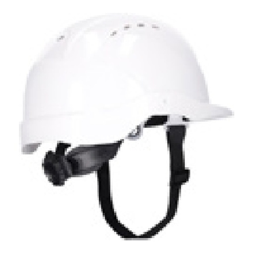 Casque ventilé en HDPE, 6 points en textile, réglable avec molette et jugulaire