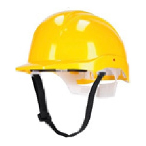 Casque en HDPE non ventilé, harnais textile 6 points, réglage par crémaillère coulissante, jugulaire 2 points.